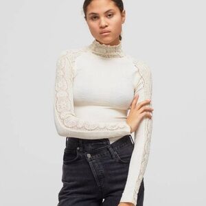 Free People Cream Lace Trim Ribbed Long Sleeve Top